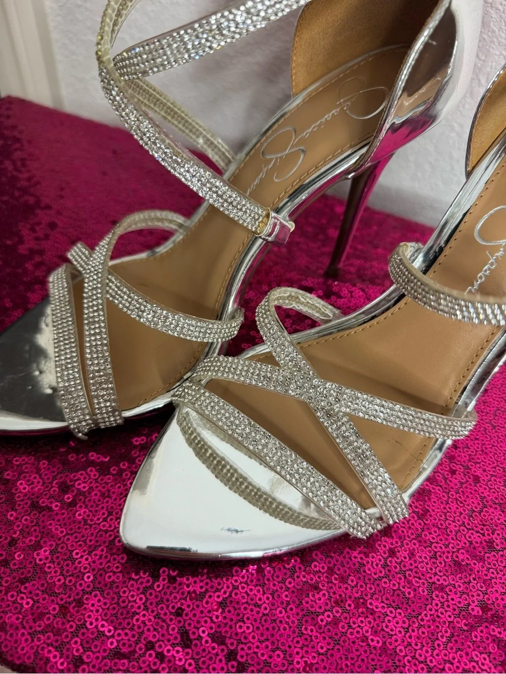 JESSICA SIMPSON 💎 Silver Rhinestone Strappy Stiletto Heels (Women’s Size 9)
